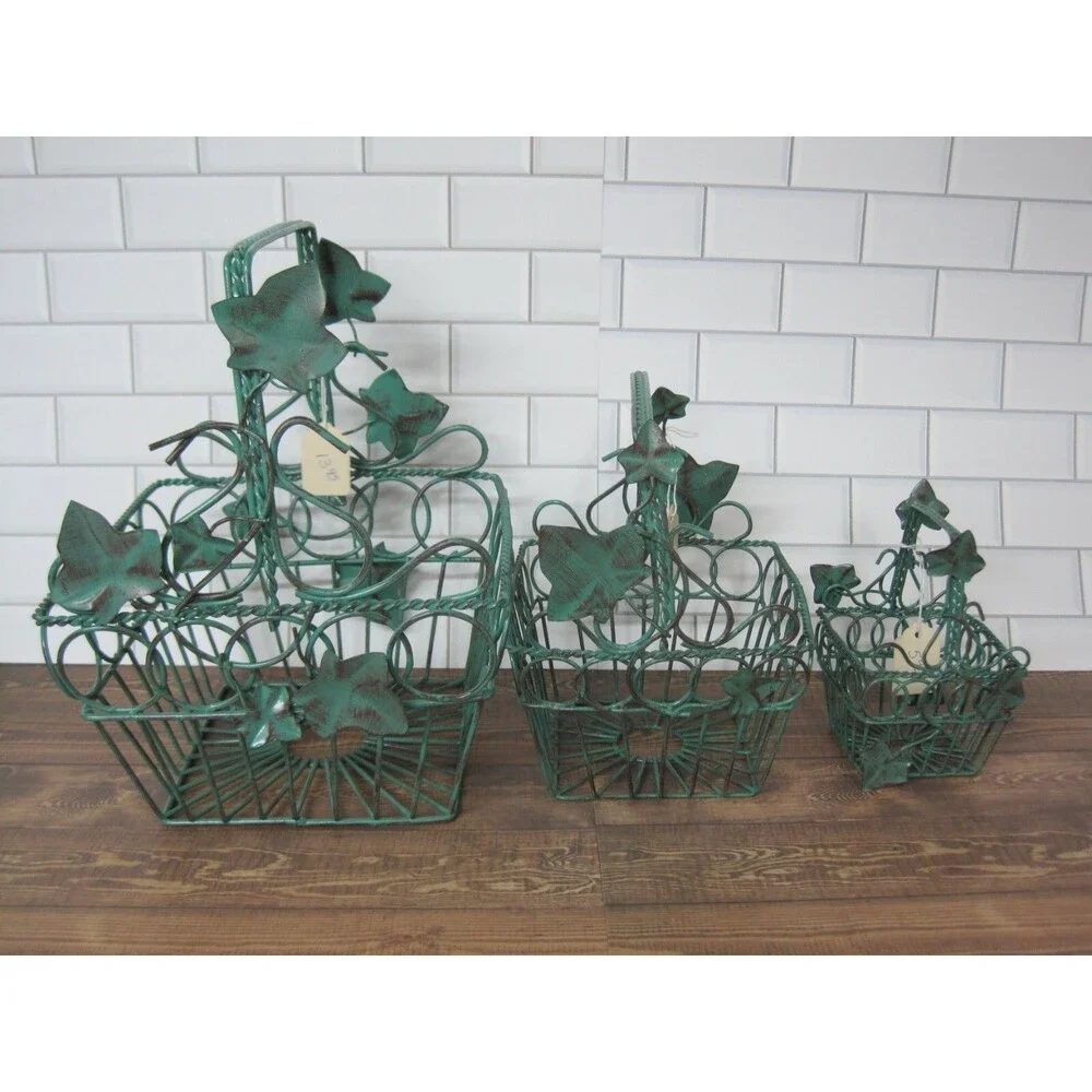 Lot of 3 Vintage Metal Wire Nesting Baskets Ivy Leaves w/ Handle NOS
